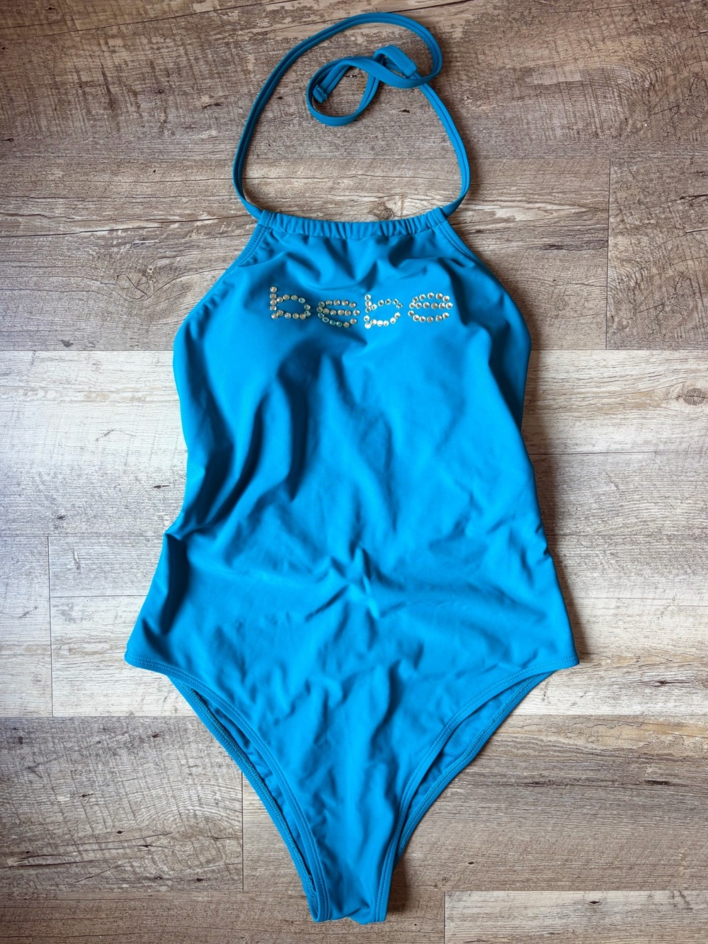 Bebe Teal Blue Halter High Neck Embellished Rhinestone Logo One Piece Swimsuit